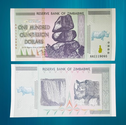 Банкнота 100 квінтильйонів доларів 2008 г combe Резерв Банк (носorг) (колекційні), фото 1
