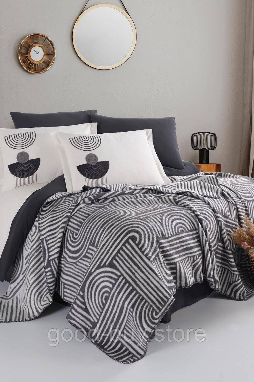 Комплект постільної білизни з вишивкою і пледом Babil antrasit євро Туреччина, фото 1