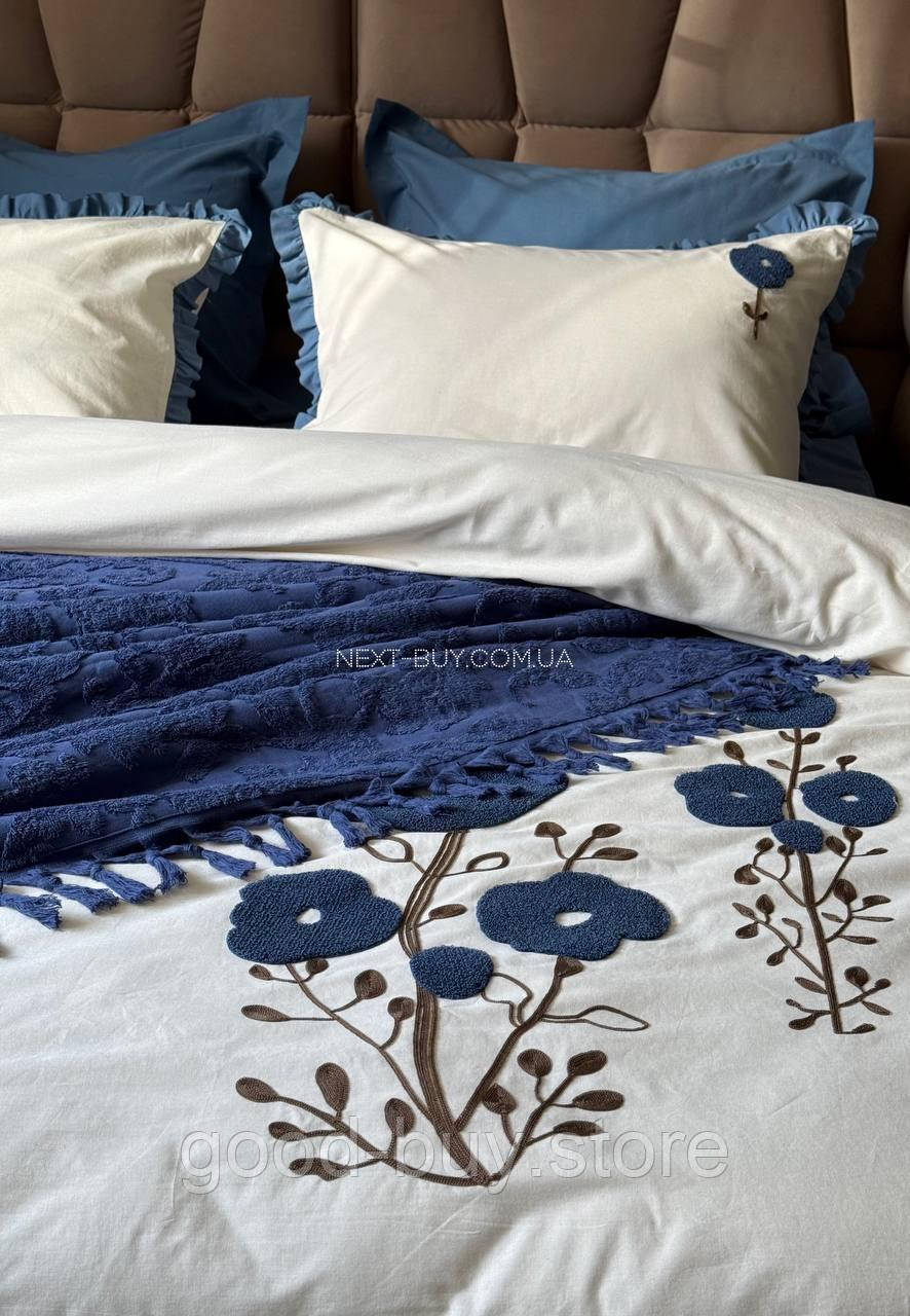 Постільна білизна Saheser Alessa Lacivert євро 200х220 з вишивкою, фото 1