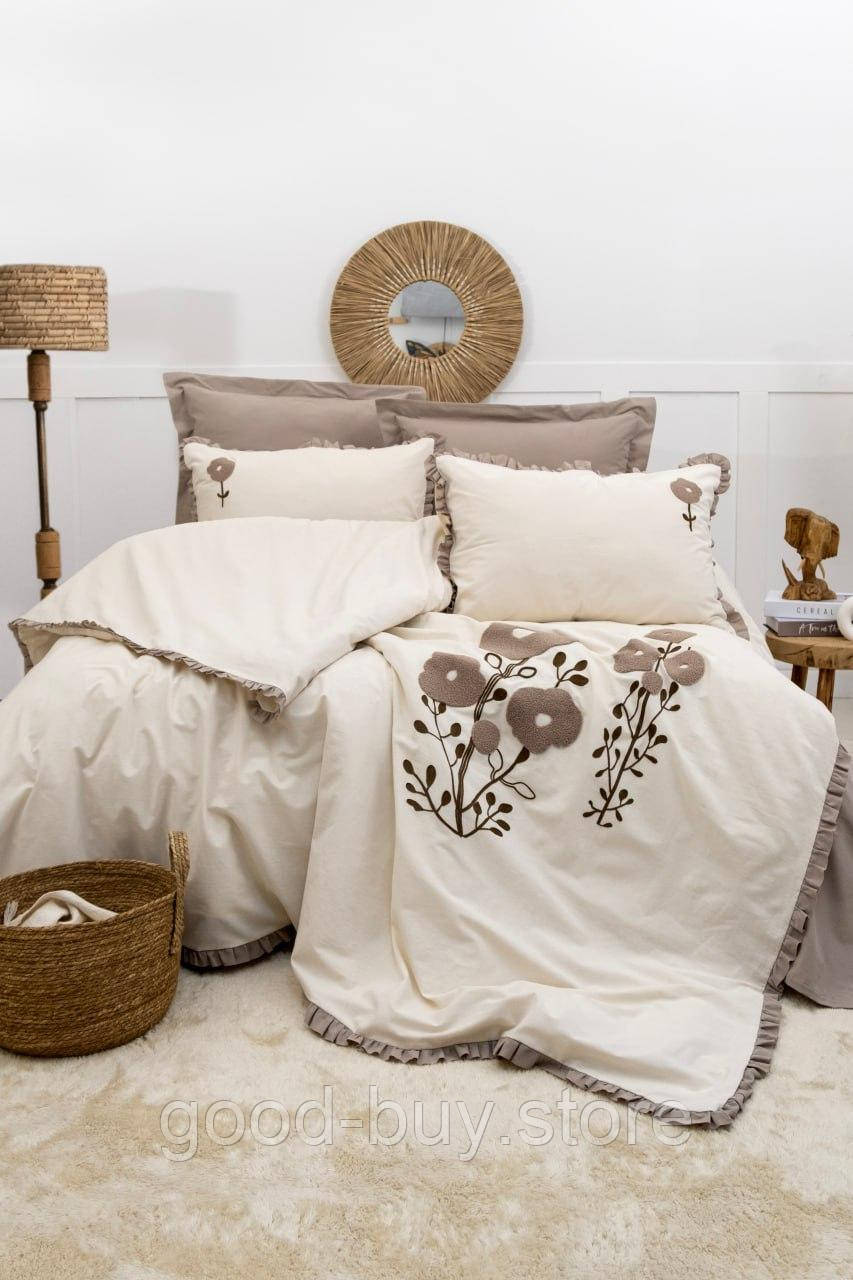 Постільна білизна Saheser Alessa Bej євро 200х220 з вишивкою, фото 1