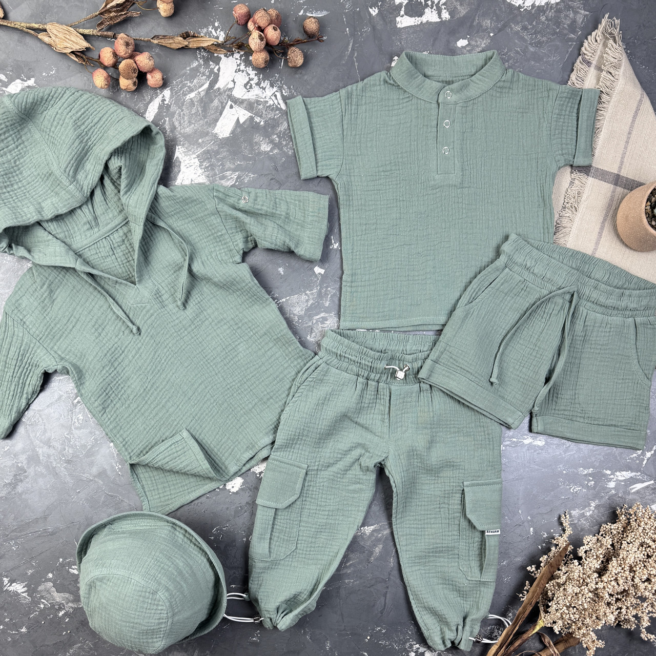 Комплект muslin cotton Khaki BEWARM дитячий (штани,футболка,панамка,шорти,туніка)