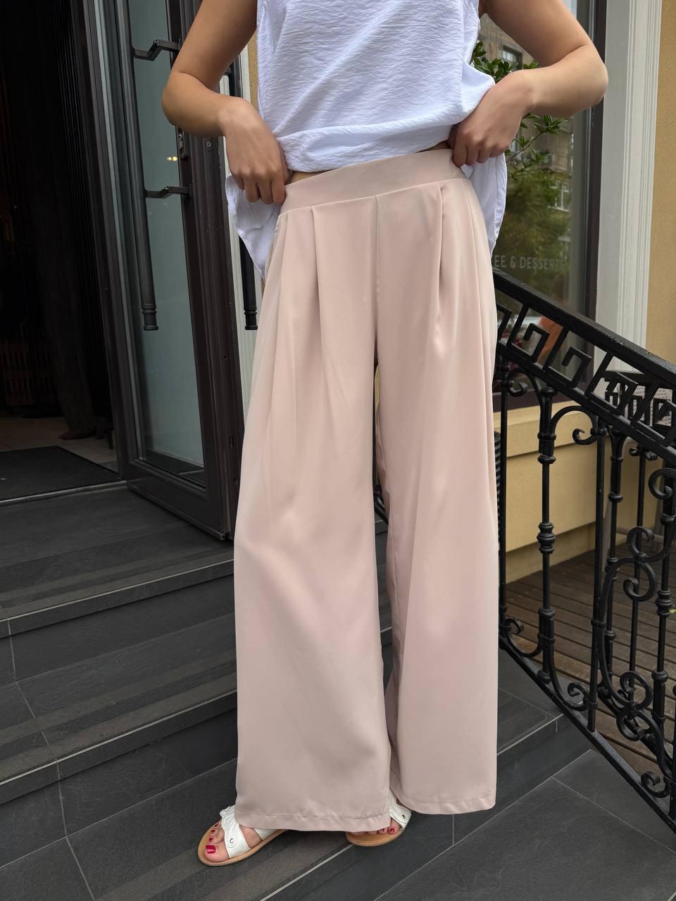 Жіночі літні штани палацо з костюмної тканини широкі, вільний крій, гумка ззаду, розміри S-XL, фото 1