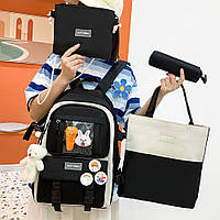 Шкільний рюкзак для дівчинки 5в1 з сумкою, косметичкою, пеналом і мішечком, 42x29см, Чорний