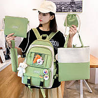 Шкільний рюкзак для дівчинки 5в1 з сумкою, косметичкою, пеналом і мішечком, 42x29см, Салатовий