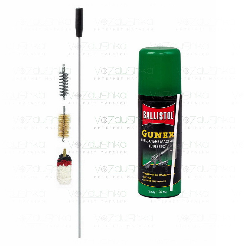 Комплект для чищення 16 калібру з шомпола (цілісний алюмінієвий 600 мм) + 3 йоржа + Gunex 50 ml spray