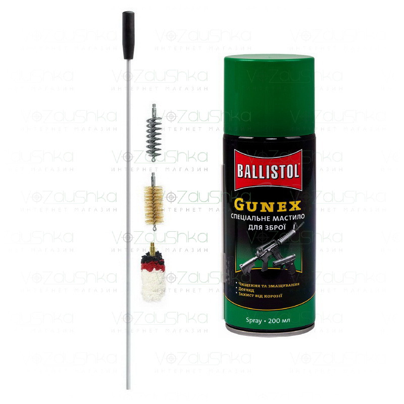 Комплект для чищення 12 калібру з шомпола (цілісний алюмінієвий 900 мм) + 3 йоржа + Gunex 200 ml spray