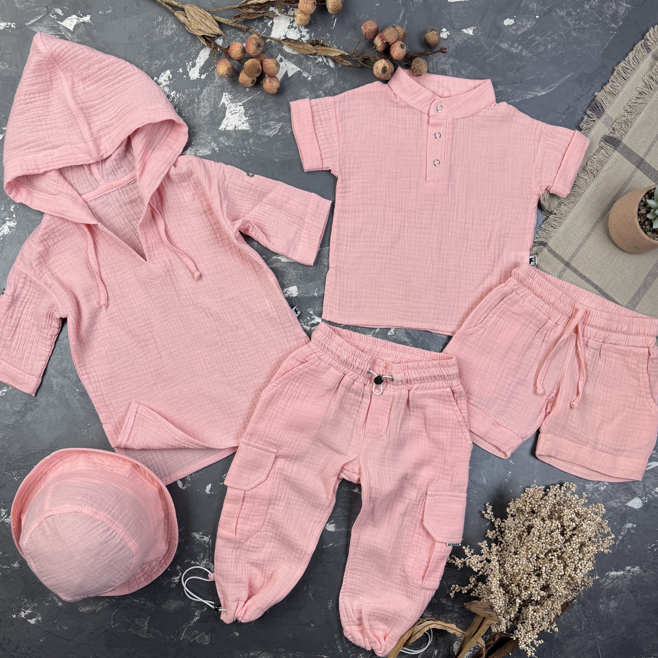 Комплект muslin cotton Pink BEWARM дитячий (штани,футболка,панамка,шорти,туніка)