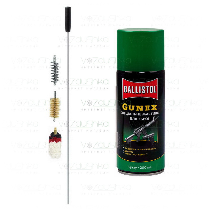 Комплект для чищення 16 калібру з шомпола (цілісний алюмінієвий 600 мм) + 3 йоржа + Gunex 200 ml spray