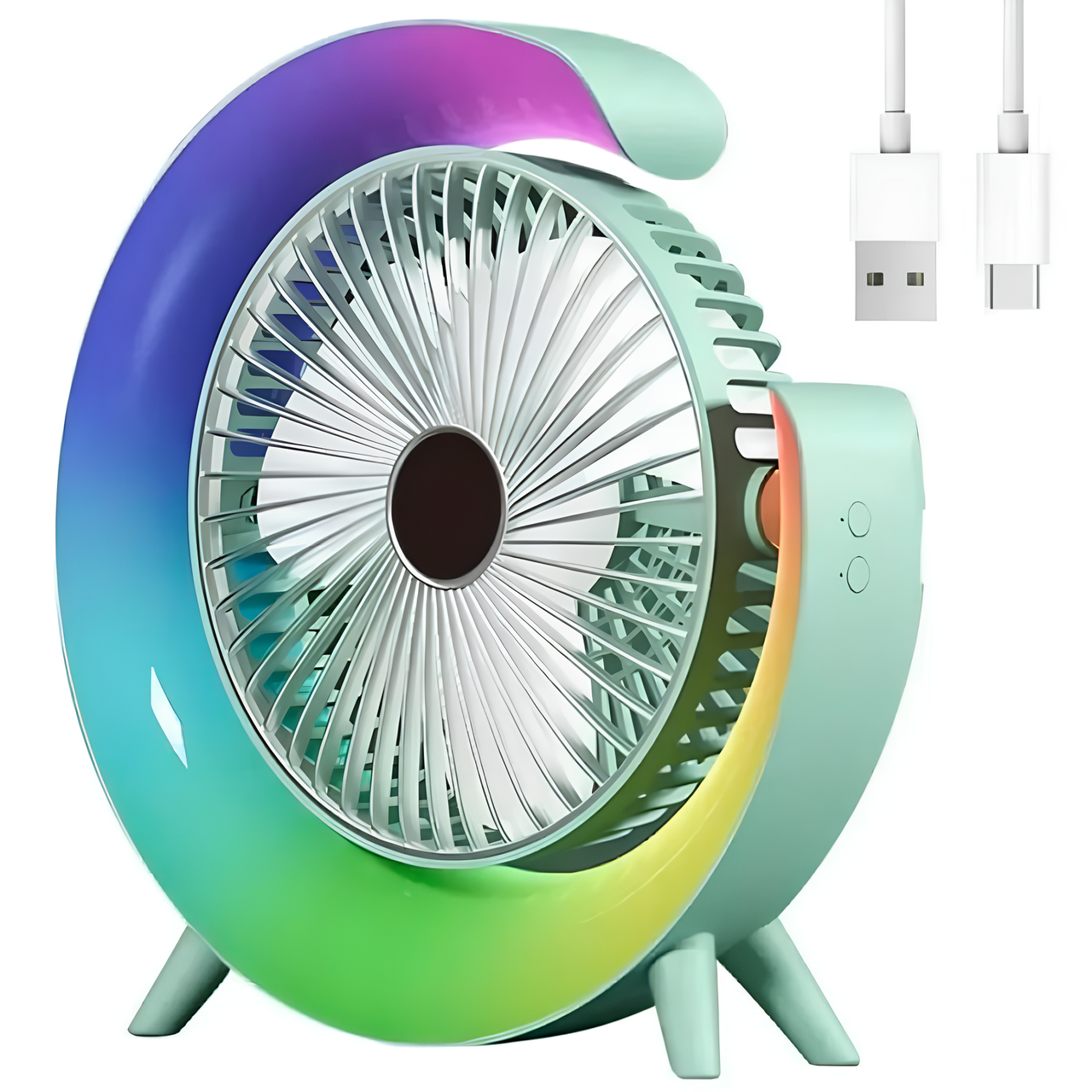 Вентилятор настільний акумуляторний з RGB-підсвіткою + USB-Type-C 33278 Green, фото 1