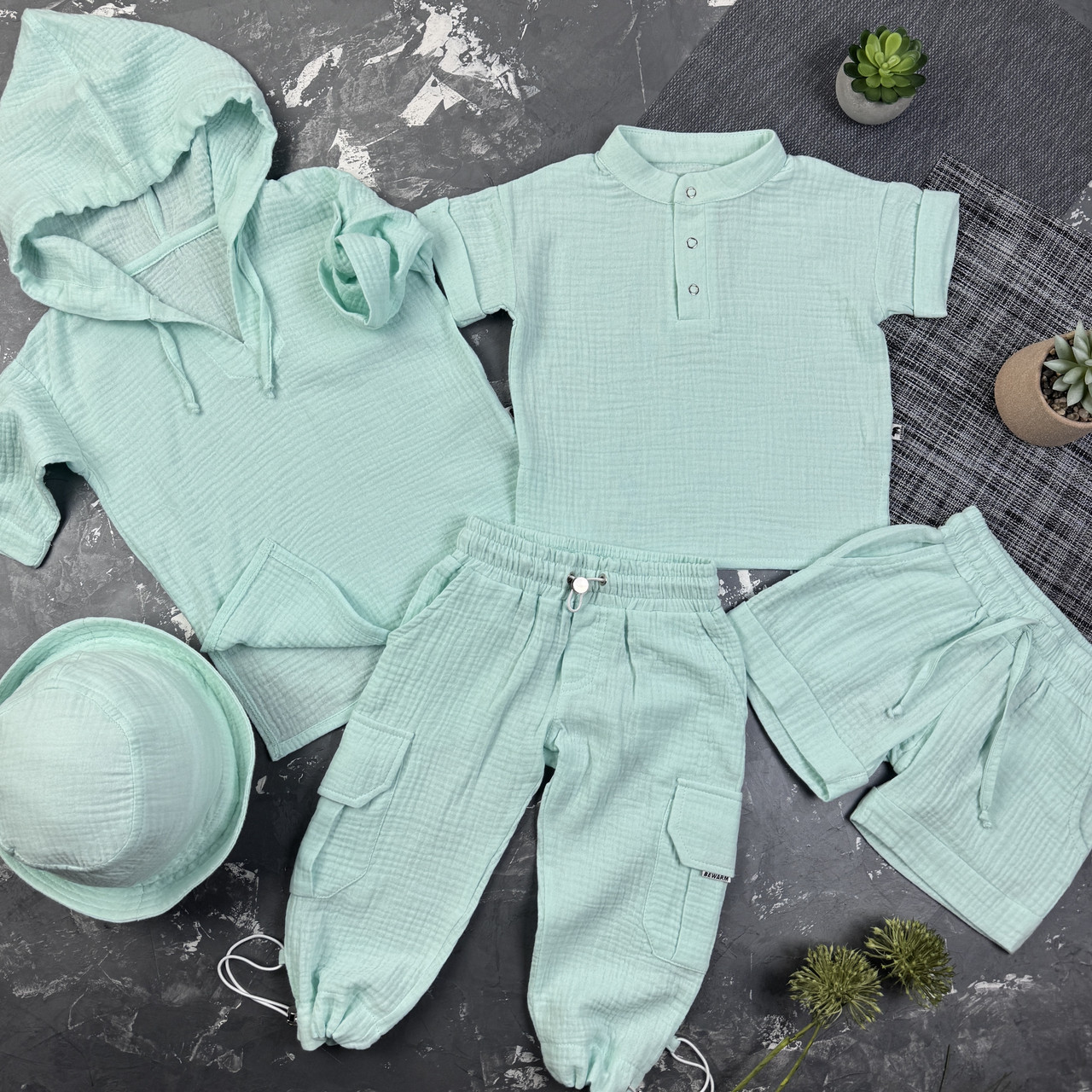 Комплект muslin cotton Blue BEWARM дитячий (штани,футболка,панамка,шорти,туніка)
