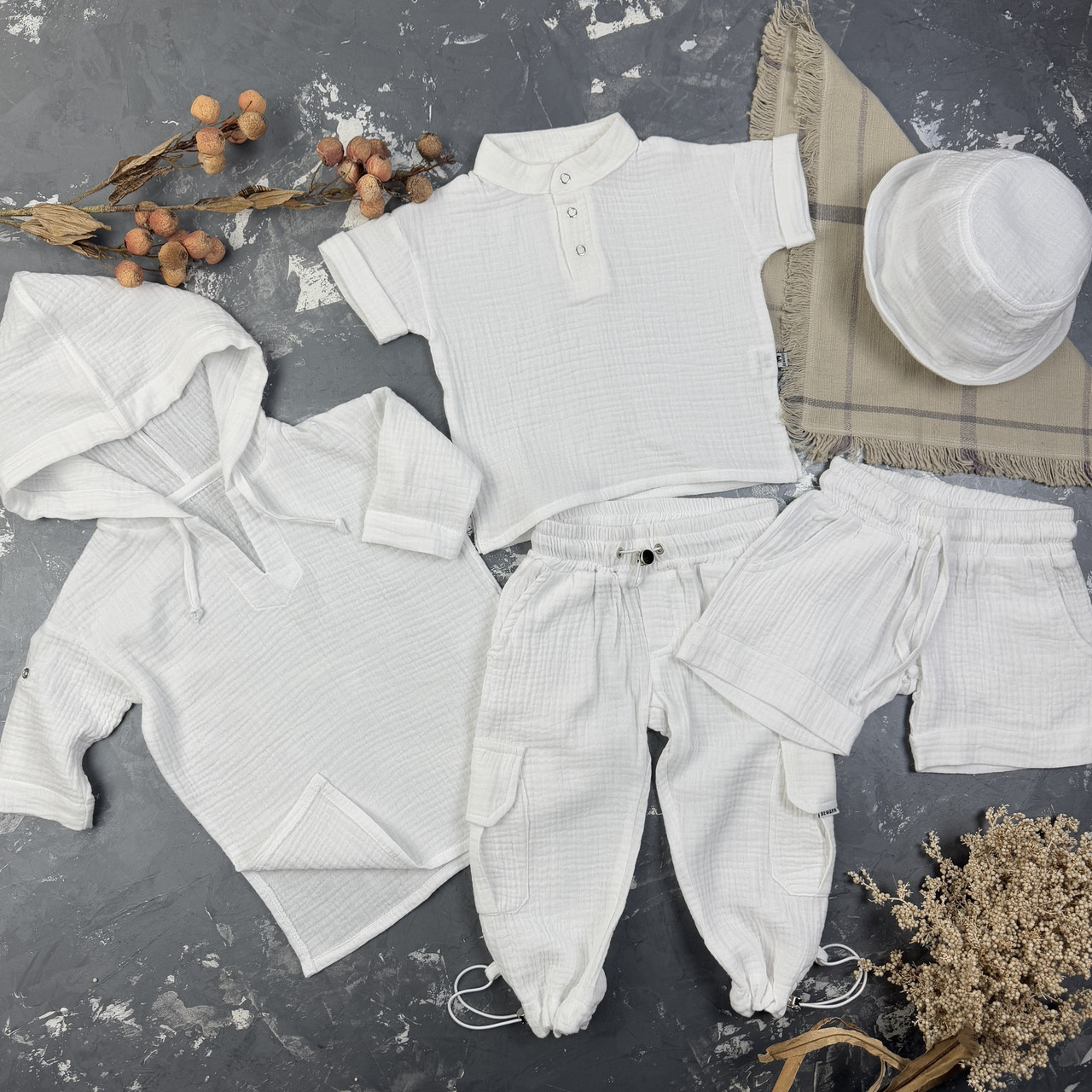 Комплект muslin cotton White BEWARM дитячий (штани,футболка,панамка,шорти,туніка)