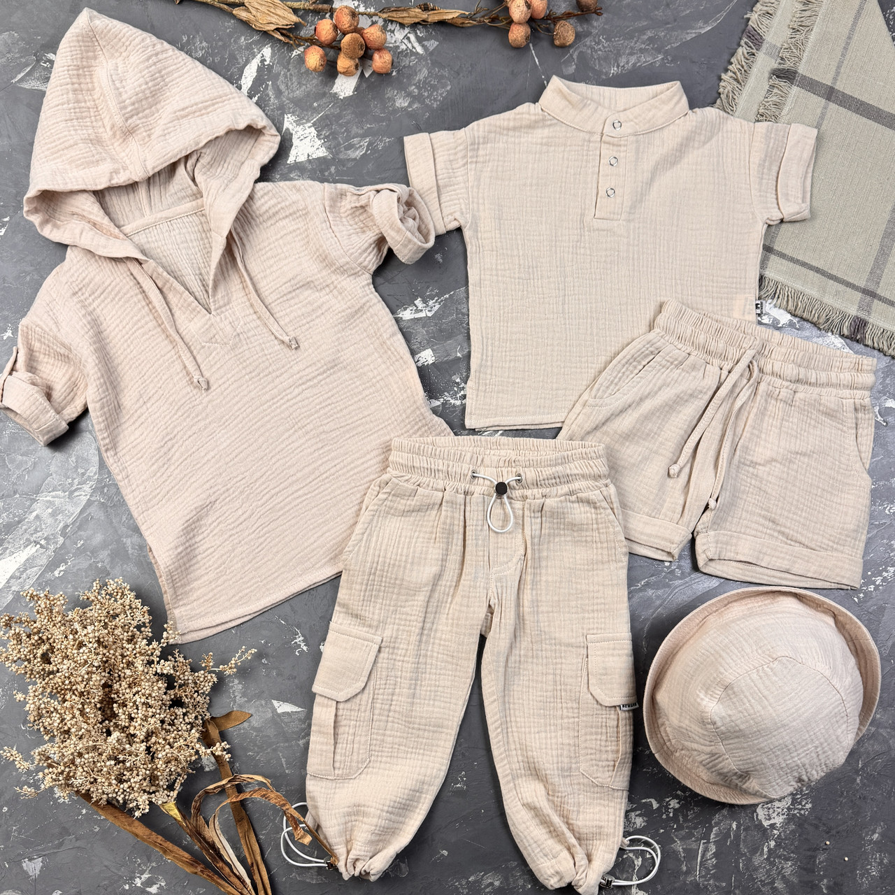 Комплект muslin cotton Beige BEWARM дитячий (штани,футболка,панамка,шорти,туніка)