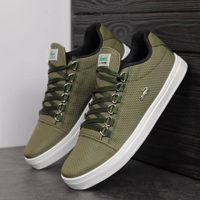 Чоловічі шкіряні кеди кросівки Lacoste хакі на білій підошві — весна-літо-осінь, фото 1