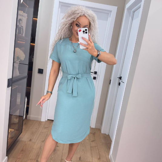 Трендова літня сукня жіноча з коротким рукавом бірюзова сукня на літо з поясом легка сукня міді, фото 1