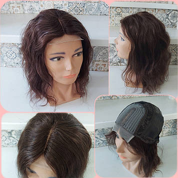 Перука хвиляста з натурального волосся з проділом каштановий мікс ASOLE HH 14"-4/33