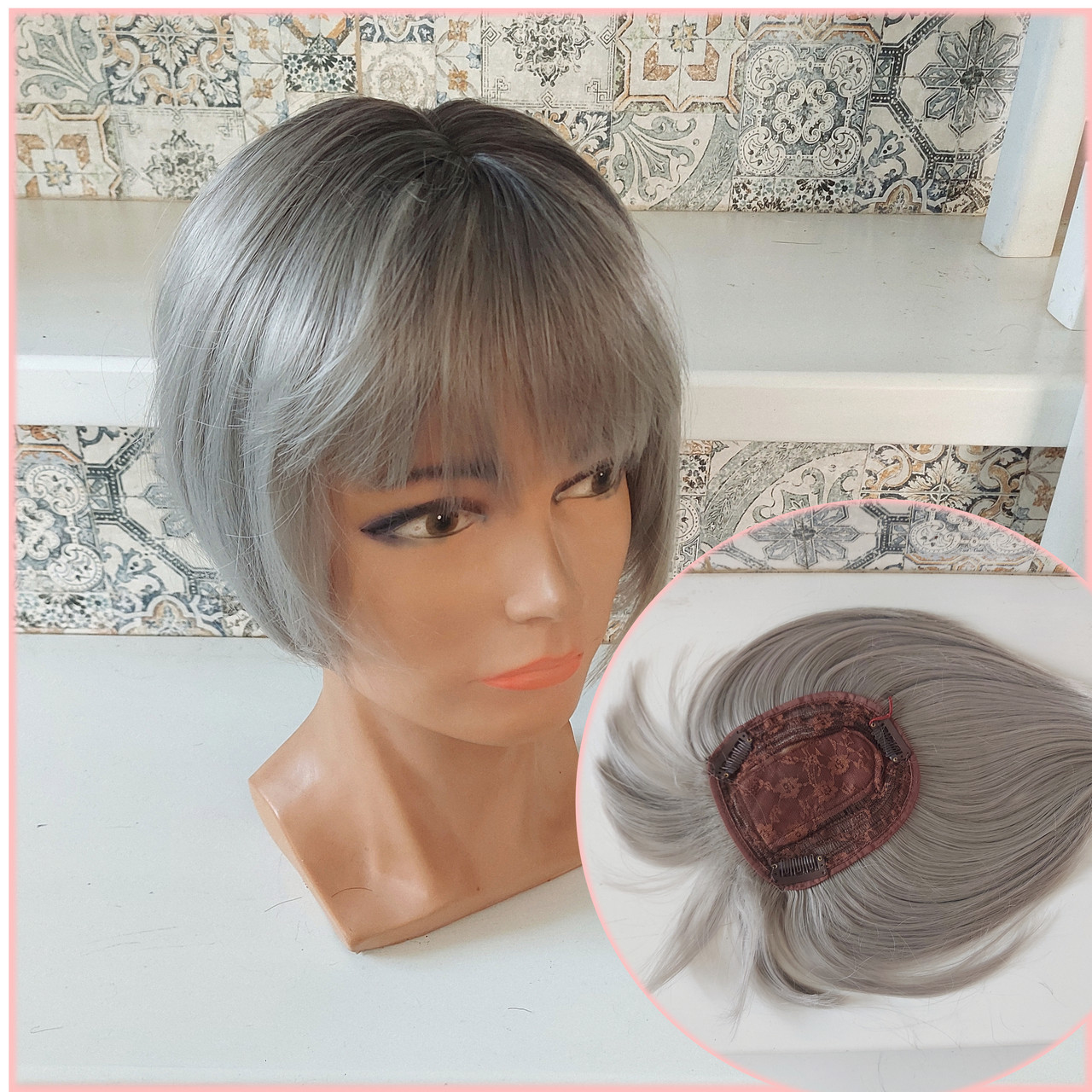 Накладка на маківку з термоволосся з проділом і чубчиком на затискачах попелясте омбре HT-FP12Y-ТТ1655, фото 1