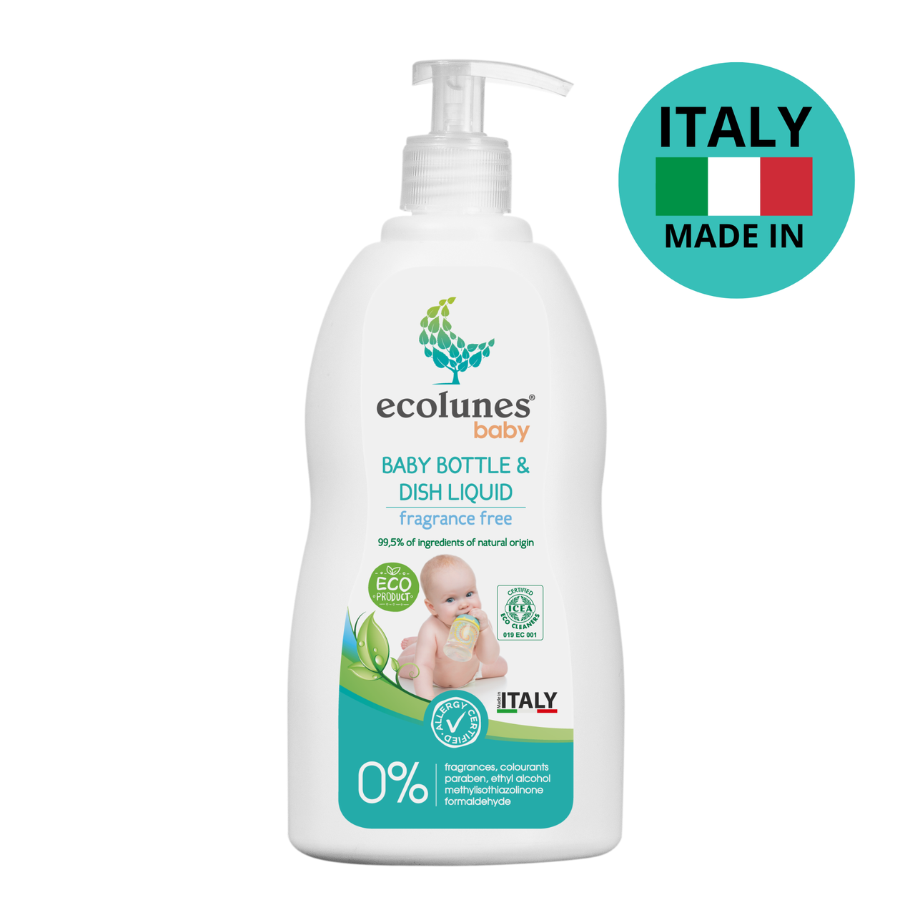 Гіпоалергенний органічний засіб для миття дитячого посуду, пляшок, сосок Ecolunes, без запаху, 500 мл, фото 1
