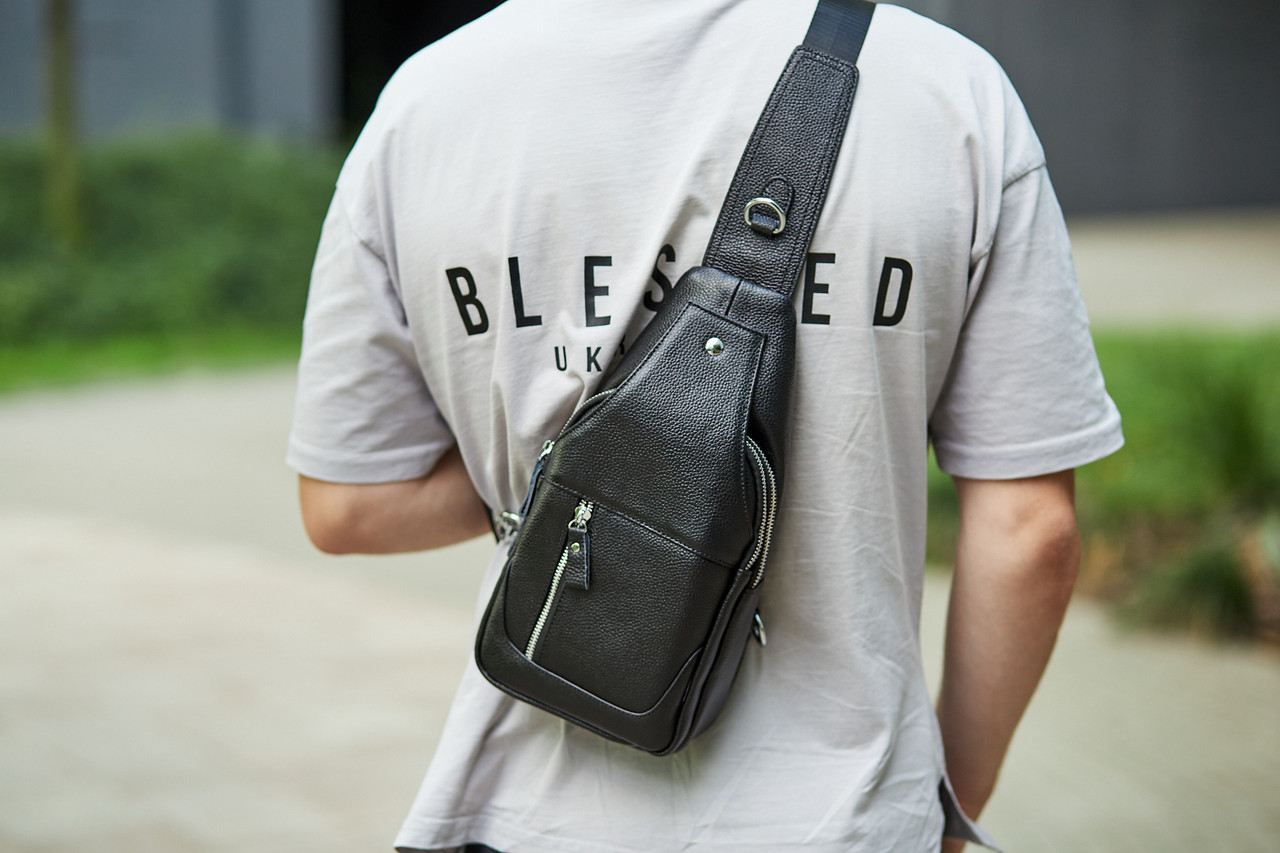 Сумка слінг через плече чоловіча шкіряна повсякденна Чорна TIDING BAG