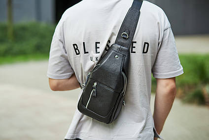 Сумка слінг через плече чоловіча шкіряна повсякденна Чорна TIDING BAG, фото 1