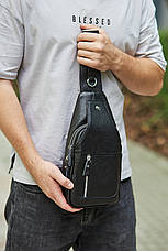 Сумка слінг через плече чоловіча шкіряна повсякденна Чорна TIDING BAG, фото 2