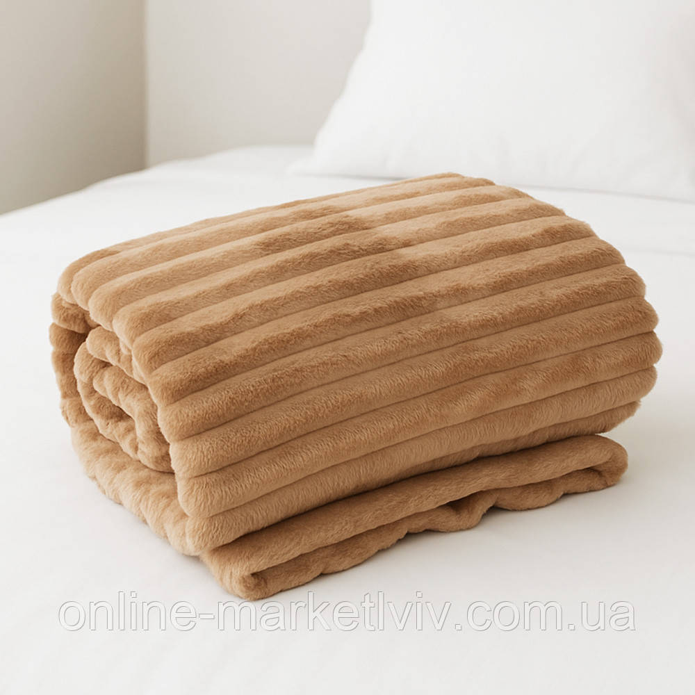 Двоспальний плед-покривало 230х200см, "Шарпей", Бежевий / Велюрове покривало на ліжко, фото 1