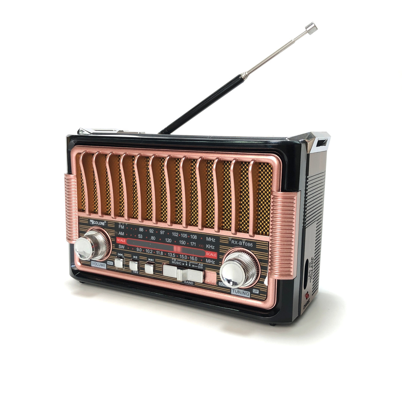 Радіоприймач Golon RX-BT086 (Bluetooth, USB, microSD, ліхтарик) Rose gold