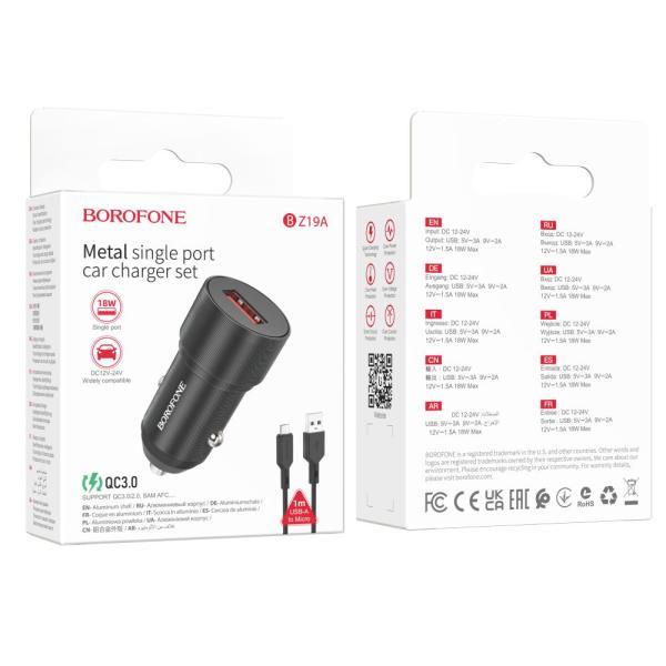 Автозарядний пристрій Borofone BZ19A Wisdom QC3.0 18W Micro