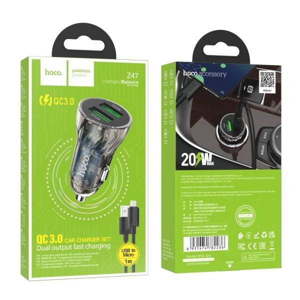 Автозарядний пристрій Hoco Z47 Transparent QC3.0 18W Micro