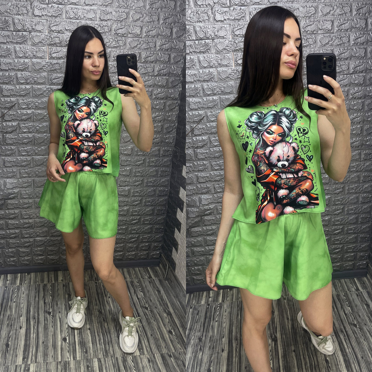 Жіночий літній костюм майка та шорти з принтом дівчини, фото 1
