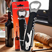 Універсальний багатофункціональний штопор для відкривання пляшок KitchenExpert 3в1 14 см Чорний (YAB)