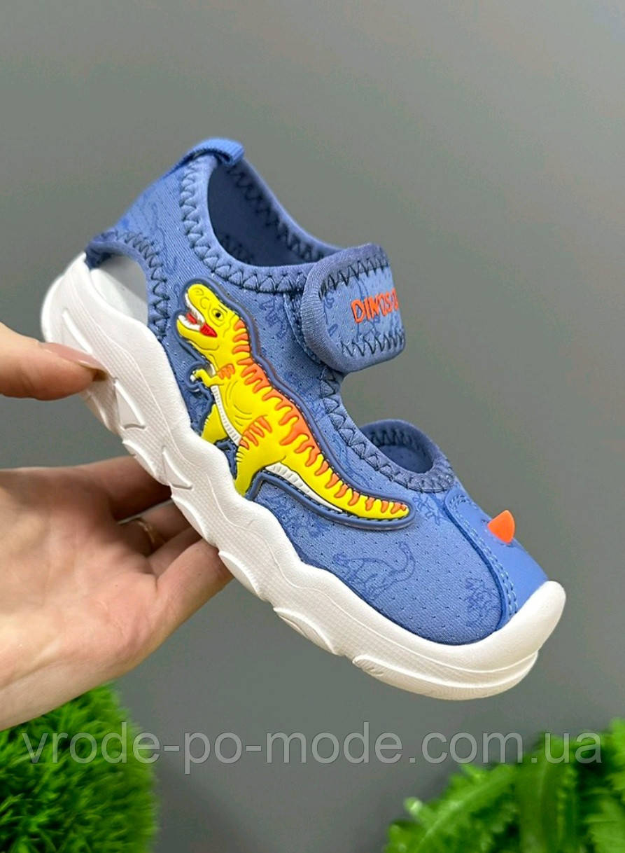 Дитячі протиударні миготливі сандалії 3D блакитні з динозаврами «Dinosoles» T-REX blue, фото 1