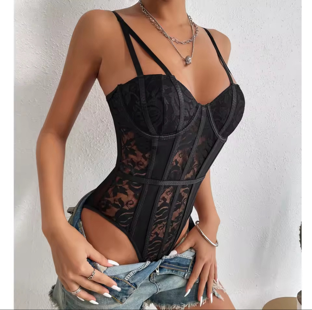 Боді з прозорою спинкою, ліф на кісточках (р.S, чорний)