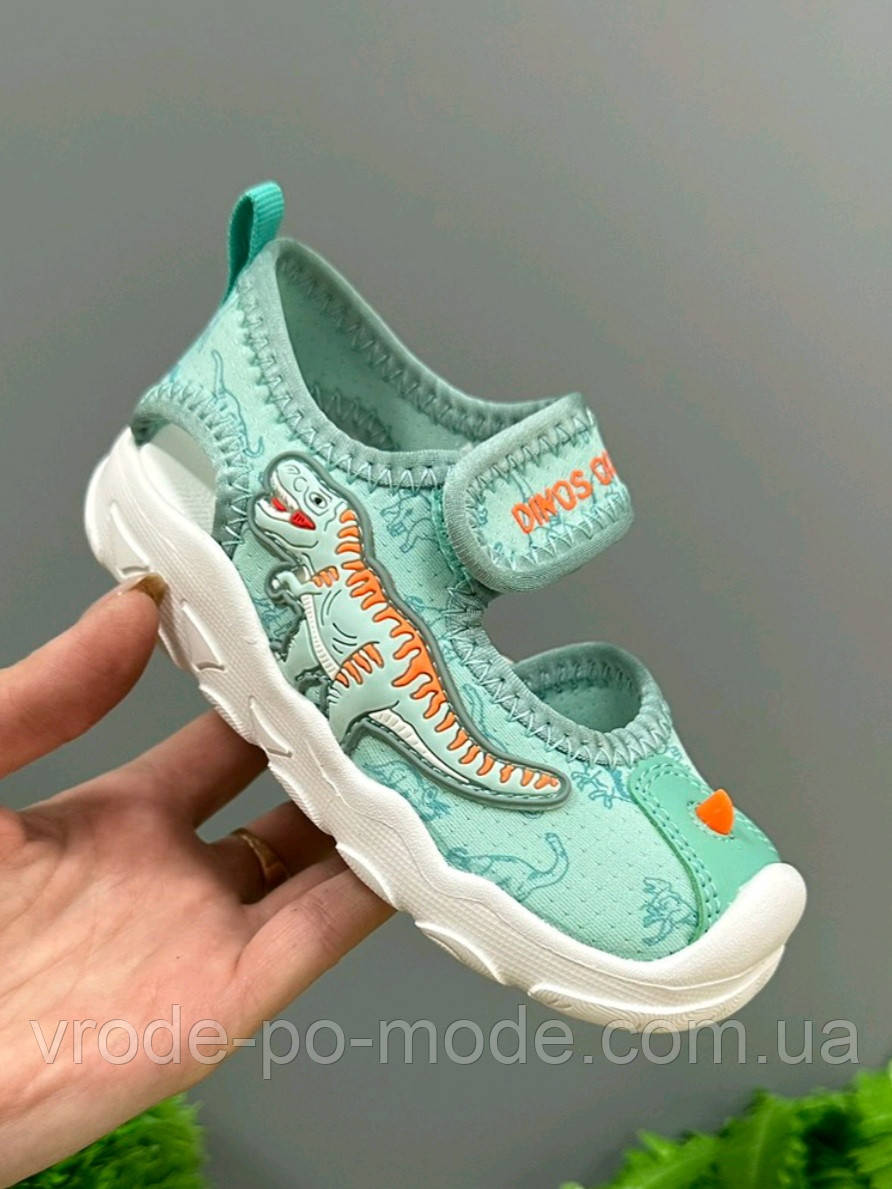 Дитячі протиударні миготливі босоніжки 3D зелені з динозаврами «Dinosoles» T-REX blue