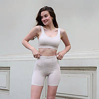 Жіночий літній спортивний костюм бежевий базовий повсякденний легкий топ+велосипедки