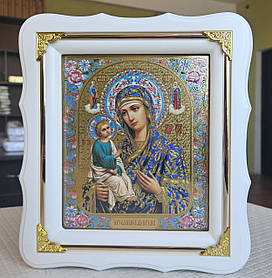 Ікона П.Б.Єрусалимська в білому фігурному кіоті під склом, розмір 24×21, сюжет 15×18.