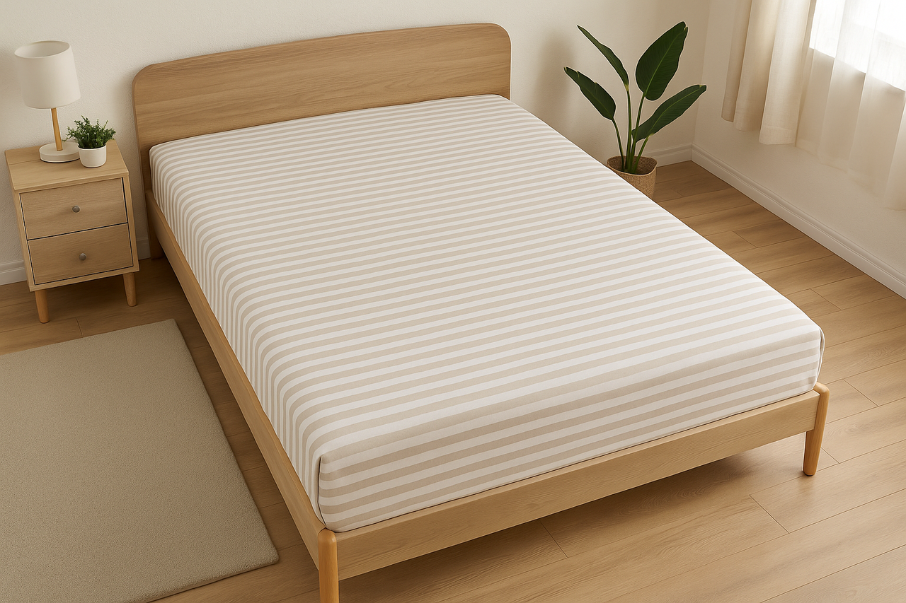 Простирадло на резинці двоспальне "Stripes beige 2" | Бязь 180х200 см, фото 1