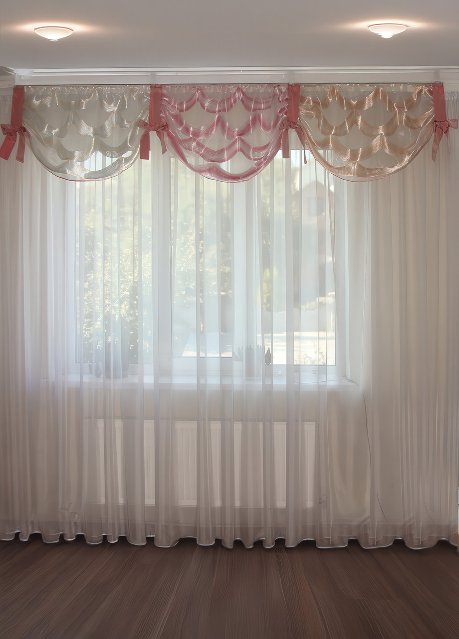 Ламбрекен Firanka Гойдалки з ниток з бантами карниз 250см рожевий з білим і бежевим (92_1пб), фото 1