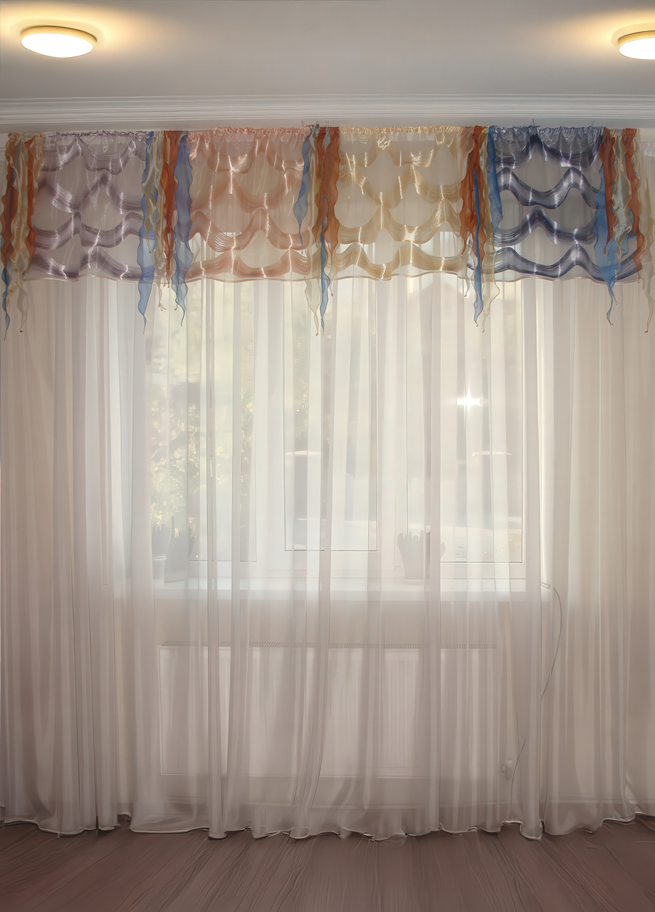 Ламбрекен Firanka Гойдалки з ниток з бантами карниз 250см персиковий з блакитним і бежевим (92пб), фото 1