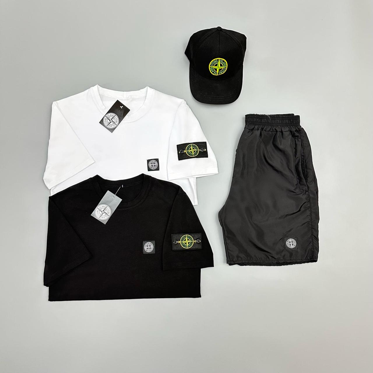 Футболка біла + футболка чорна + шорти з плащівки Stone Island + кепка