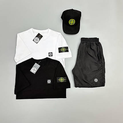 Футболка біла + футболка чорна + шорти з плащівки Stone Island + кепка, фото 1