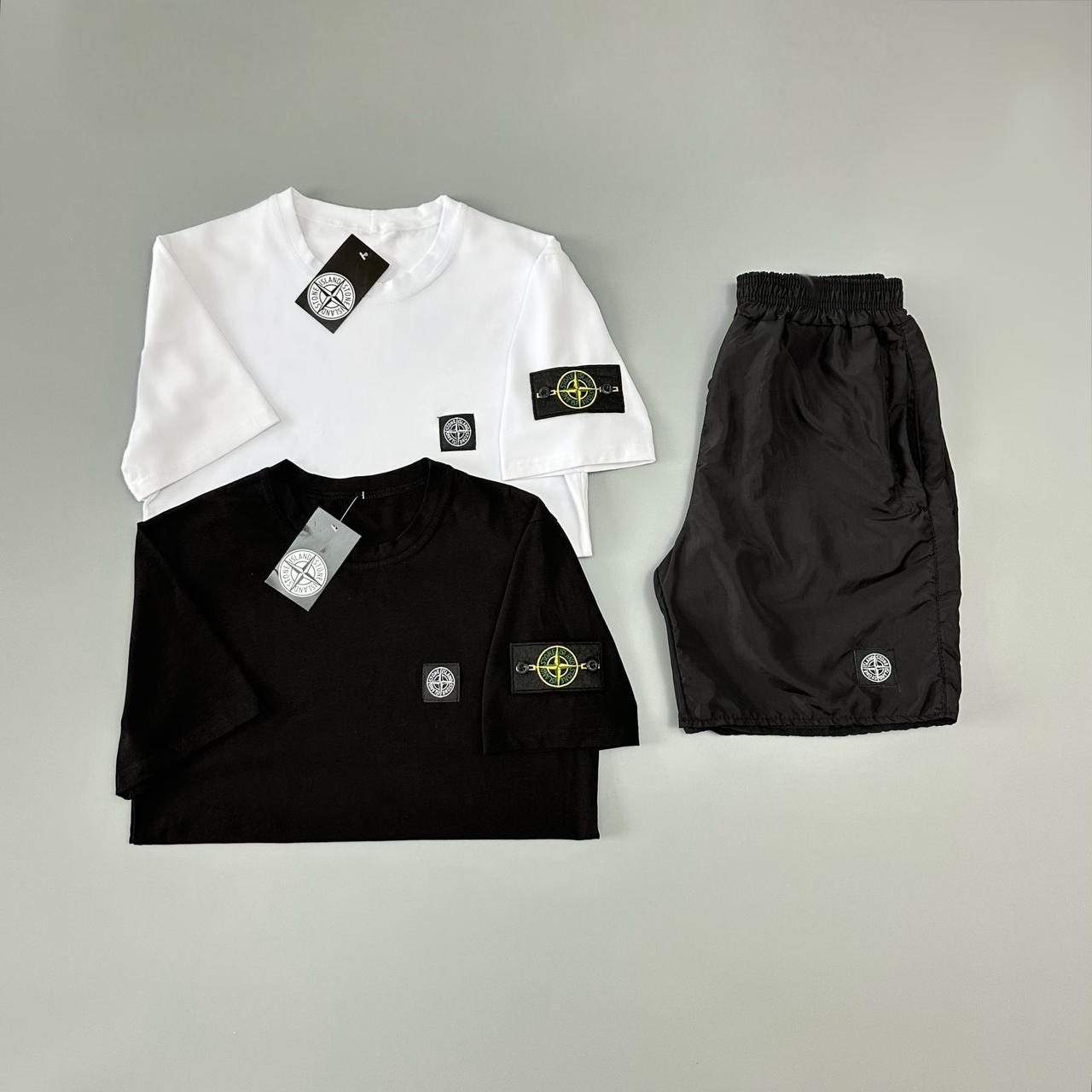 Футболка біла + футболка чорна + шорти з плащівки Stone Island