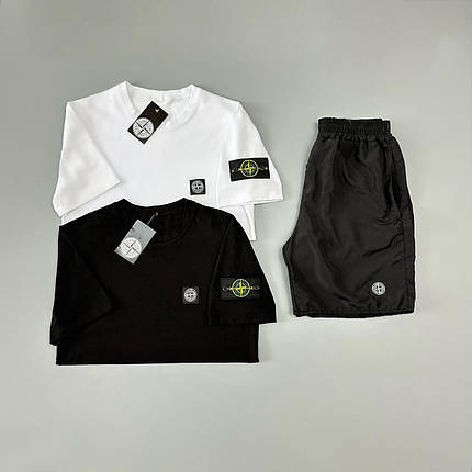 Футболка біла + футболка чорна + шорти з плащівки Stone Island, фото 1