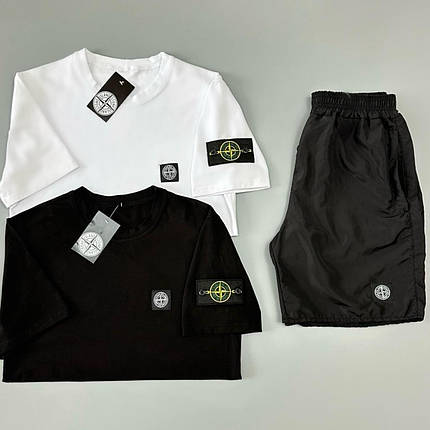 Футболка біла + футболка чорна + шорти з плащівки Stone Island, фото 2