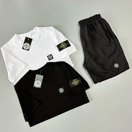 Футболка біла + футболка чорна + шорти з плащівки Stone Island, фото 3