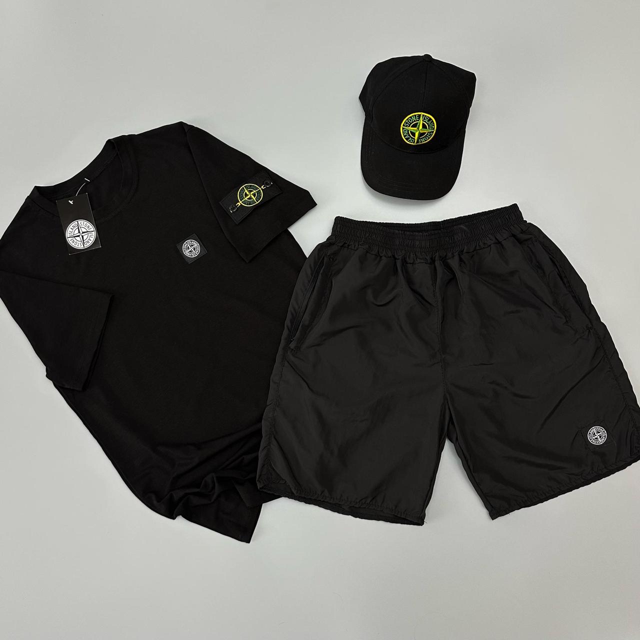 Футболка(чорна) + шорти плащівка Stone Island + кепка