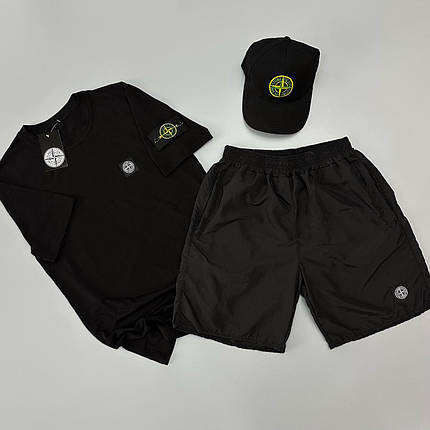 Футболка(чорна) + шорти плащівка Stone Island + кепка, фото 1