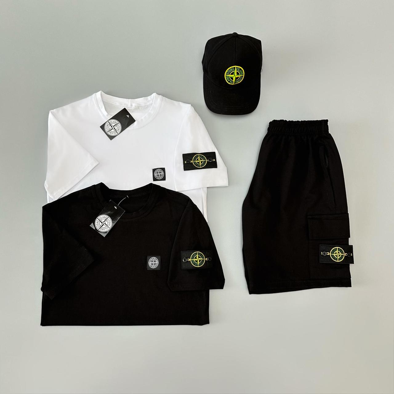 Футболка(біла) + футболка(чорна) + шорти + кепка Stone Island
