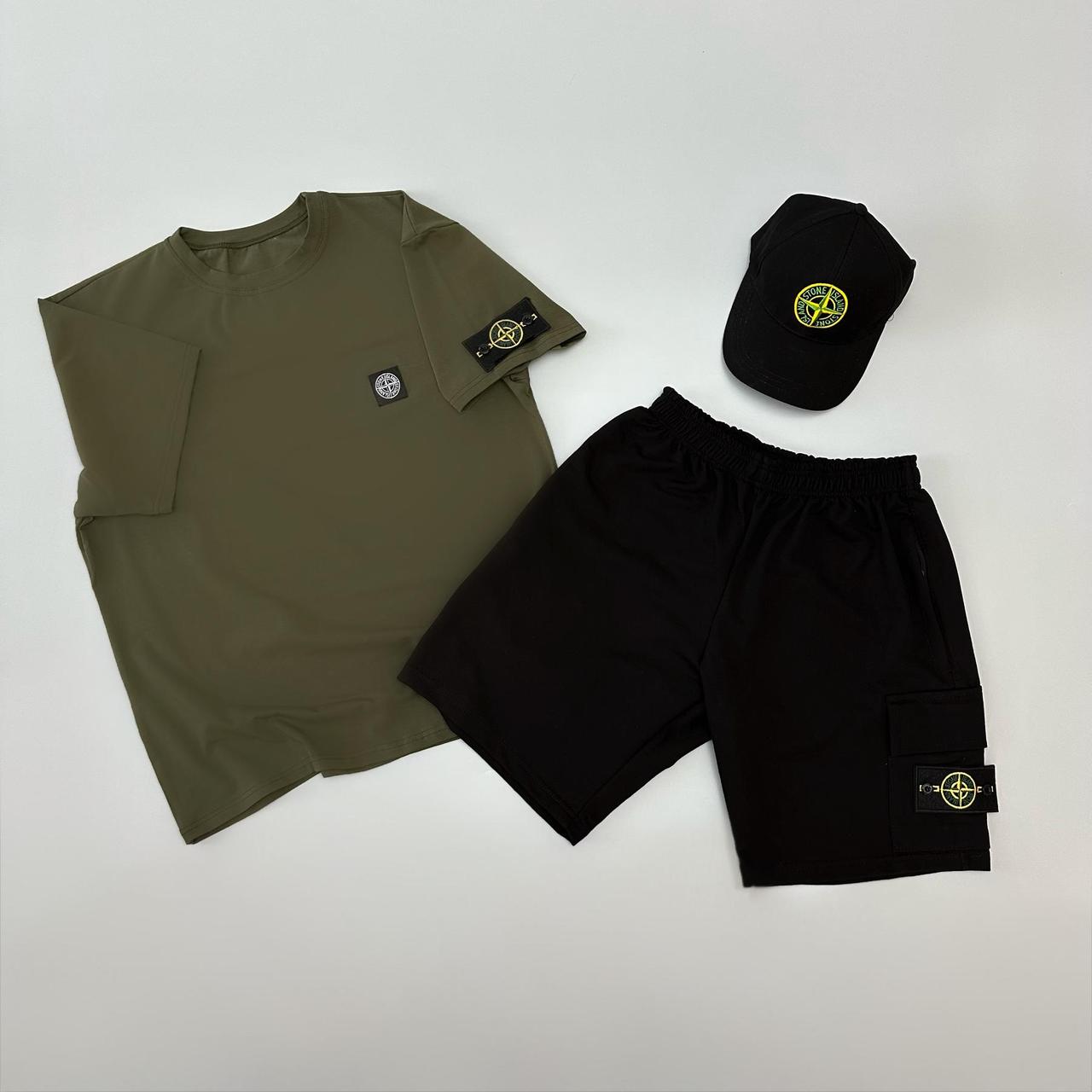 Футболка(хакі) + шорти + кепка Stone Island