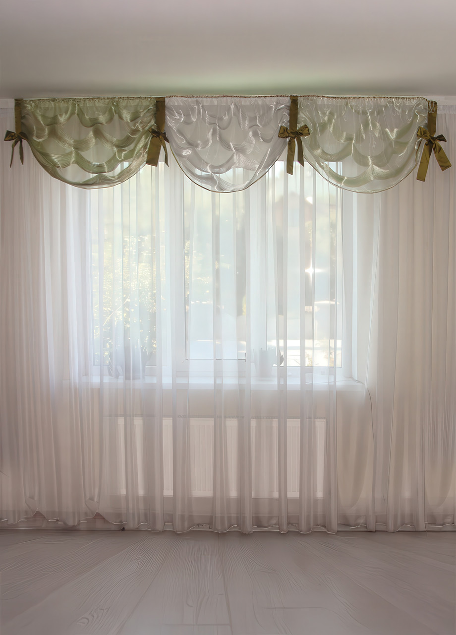 Ламбрекен Firanka Гойдалки з ниток з бантами карниз 250см салатовий із зеленим і білим (92_2пб), фото 1