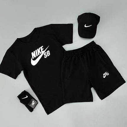 Літній комплект футболка Nike SB+шорти Nike SB+кепка Nike+шкарпетки в подарунок (чорний), фото 3